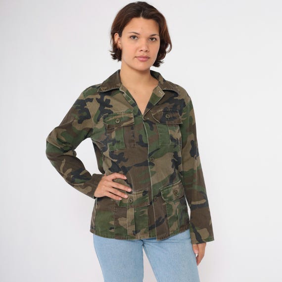 Vintage Army Shirt 90s Camo Jacket Green Button Up US Camouflage Military Utility Commando Cargo Field Shirt 1990s Men's Small