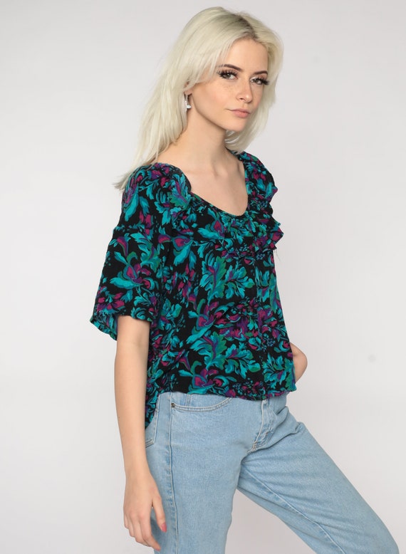 Floral Ruffle Shirt Short Sleeve Blouse Black Gre… - image 6