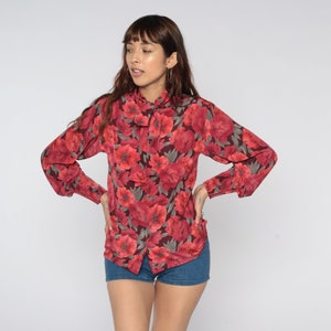 80s Floral Top Red Ascot Blouse Neck Tie Vintage Secretary Button Up Shirt 1980s Boho Long Sleeve Bohemian Vintage Small S