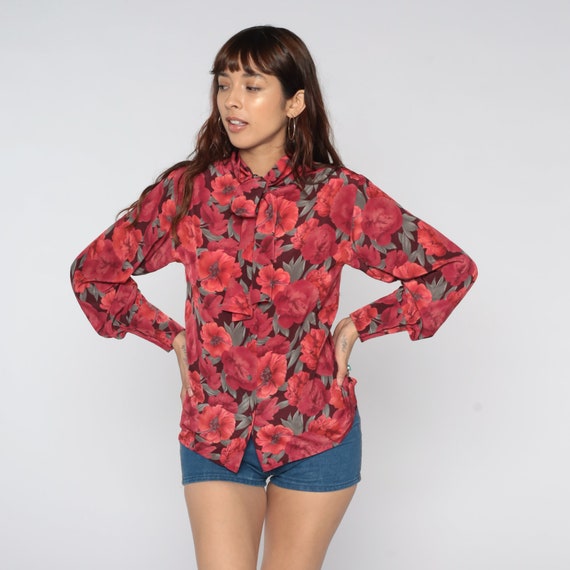 80s Floral Top Red Ascot Blouse Neck Tie Vintage Secretary Button Up Shirt 1980s Boho Long Sleeve Bohemian Vintage Small S
