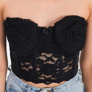 SKAYS Top Corto Donna In Pizzo Floreale Con Scollo A Cuore E Schiena Scoperta - Nero