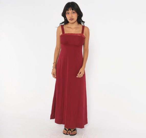 70s Burgundy Maxi Dress Crochet Trim Empire Waist Square Neck Sleeveless Spaghetti Strap Wine Red A Line Prairie Vintage Extra Small XS