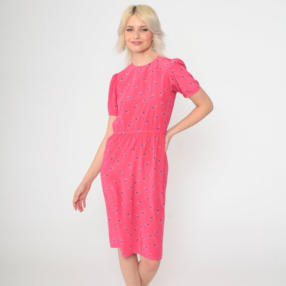 80s Leaf Print Dress Bright Pink Puff Sleeve Midi Dress Retro High Waisted Button Back Secretary Short Sleeve Vintage 1980s Extra Small xs 2