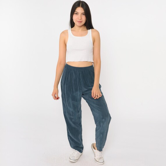 Vintage Blue Baggy Pants 90s Tapered Trousers High Elastic Waist Retro Boho Slacks Basic 1990s Medium 8