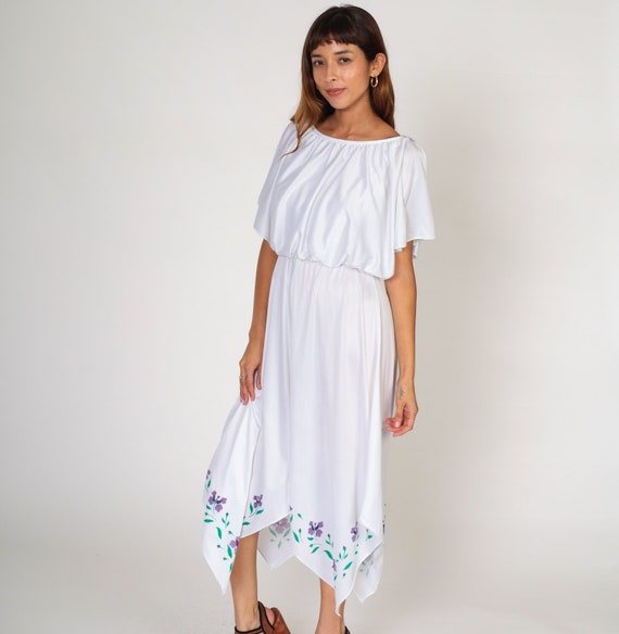 White Grecian Dress 70s Floral Painted Party Dress Hanky Hem Split Flutter Sleeve Iris Flower Disco Boho Summer Midi Vintage 1970s Small