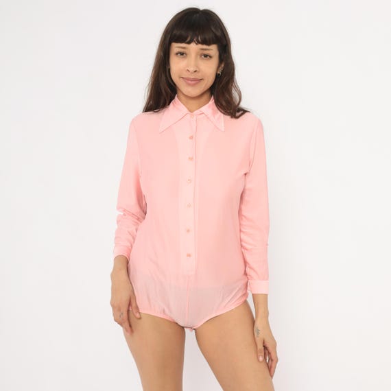 Pink Bodysuit Blouse 70s Imagnin Button Front Pointed Collar Long Sleeve Body Suit Semi Sheer Coquette Balletcore Top Vintage Large L