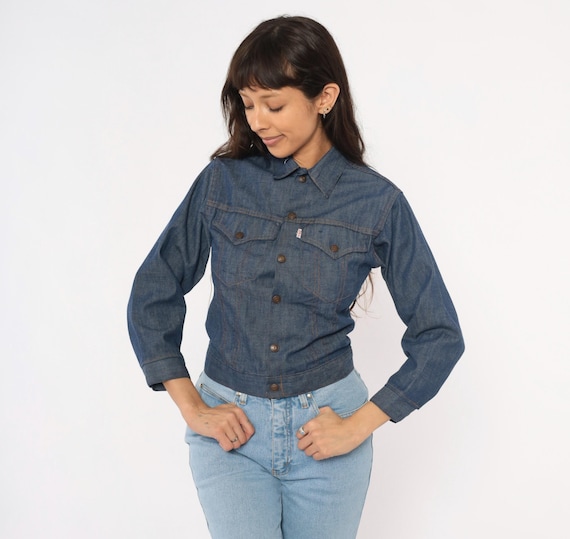 80s Levi's Denim Jacket Dark Wash Trucker Jean Coat Pointed Collar Two Pocket Cotton Indigo Workwear Cropped Vintage Western Extra Small XS