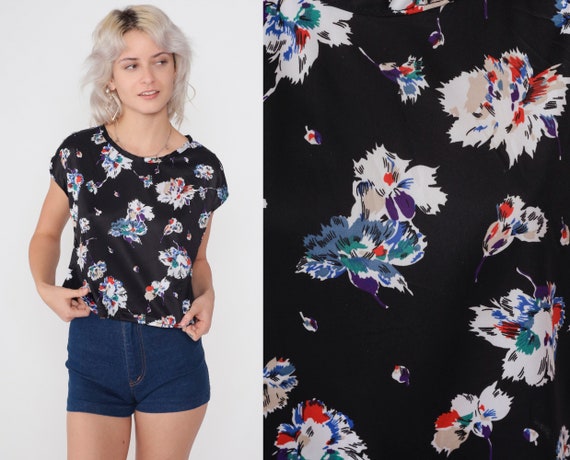Black Floral Blouse 70s Top Cap Sleeve Shirt Retro Boho Flower Print Hippie Bohemian Summer Seventies White Blue Red Vintage 1970s Medium