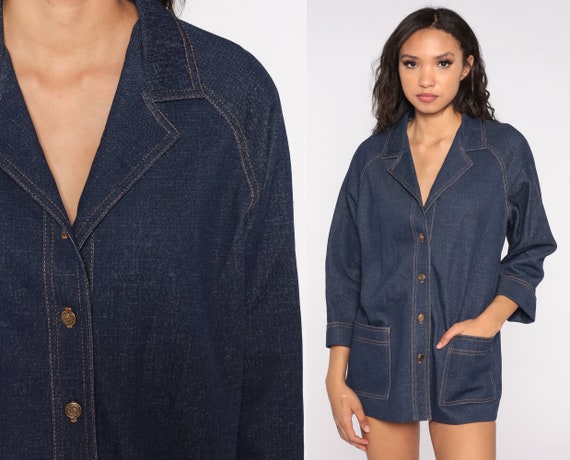 70s Jacket Dark Blue Denim-Look Jacket Retro Plain Button Up Raglan Sleeve Polyester Jacket Hipster Collar Vintage 1970s Retro Medium Large