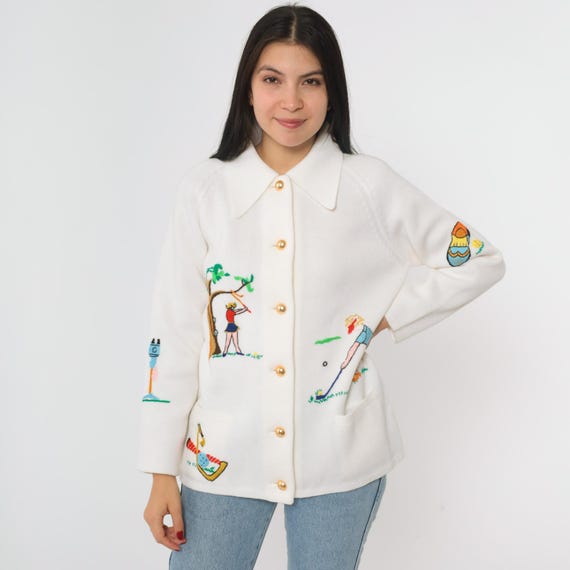 70s Golf Novelty Sweater White Knit Cardigan Embroidered Golfers Scene Gold Button Front Long Collar Acrylic Knit Sports Medium M