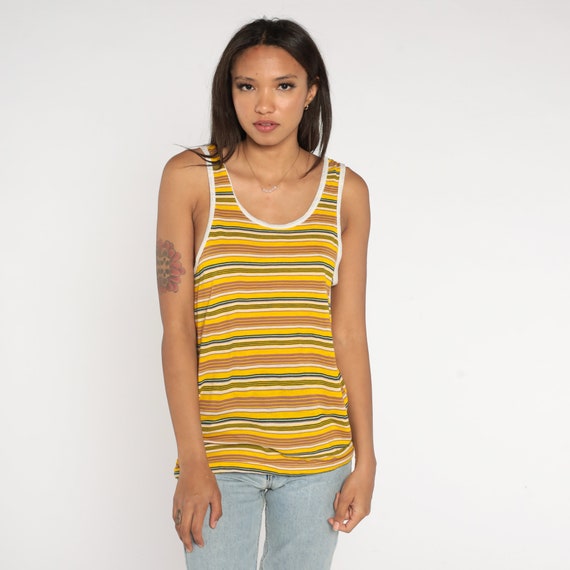 Striped Tank Top 80s Yellow Ringer Tee Retro Shirt Sleeveless Tshirt Basic Surfer Brown Dark Green Vintage 1980s Single Stitch Small S