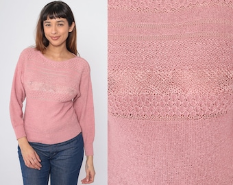 Sheer Pink Sweater 70s Cutout Sweater Boho Boatneck Knit Sweater Vintage Pointelle Cutwork Sweater 1970s Boat Neck Pullover Extra Small xs