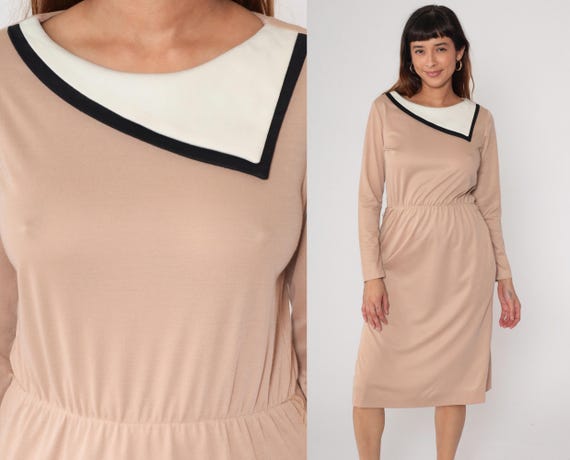 Color Block Midi Dress 80s Tan Beige Black White Long Sleeve Vintage Elastic Waist Mod Secretary Office Work Professional Neutral Medium M