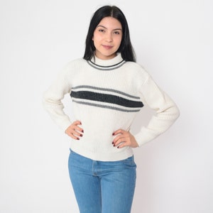 Striped Turtleneck Sweater 80s Off-White Black Grey Pullover Knit Sweater Retro Seventies Knitwear Acrylic Vintage 1980s White Stag Small image 4