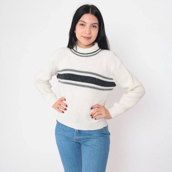 Striped Turtleneck Sweater 80s Off-White Black Grey Pullover Knit Sweater Retro Seventies Knitwear Acrylic Vintage 1980s White Stag Small