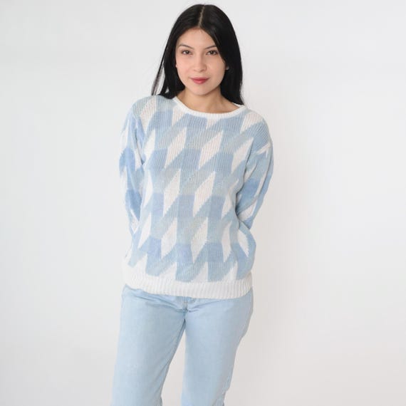 Vintage 80s Geometric Knit Sweater Light Blue Crew Neck Ramie Cotton Pullover Pastel White 1980s Pullover Small S