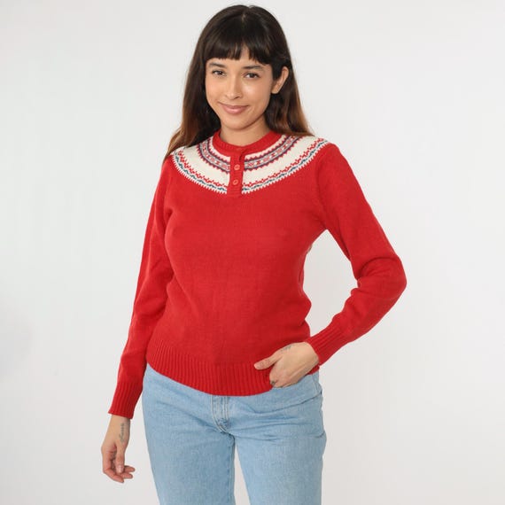 Vintage Icelandic Sweater Red Boho Ski Sweater 70s Henley Neckline Geometric Nordic Fair Isle Knit 1970s Bohemian Pullover Extra Small xs