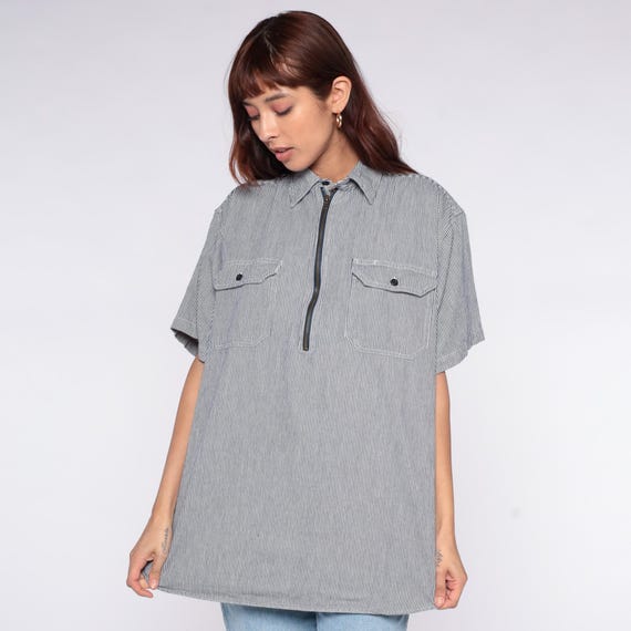 Railroad Stripe Shirt 90s Black White Cotton Half Zip Pullover Short Sleeve Workwear Chest Pockets Engineer Style Tunic Vintage Large L