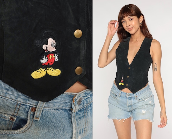 Mickey Mouse Vest 90s Black Suede Disney Embroidered Sleeveless Vintage Kawaii Cute Character Cropped Novelty Cartoon V Neck Small S