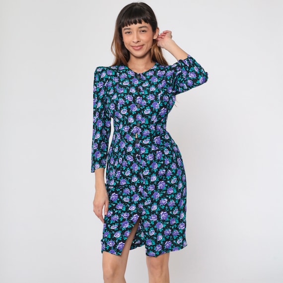 Black Floral Mini Dress 90s All That Jazz Button up Puff Sleeve Dress Green Purple Rose Flower Print Garden Party Boho Vintage 1990s Small S