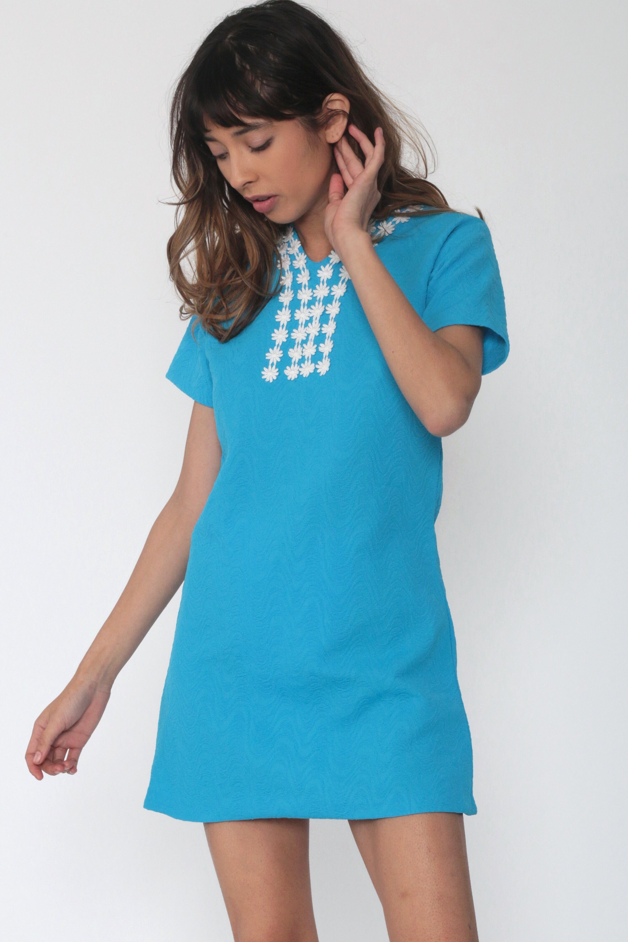 60s Mod Mini Dress DAISY TRIM Shift Dress Turquoise Blue Boho Twiggy 1960s Vintage Sixties Dress 
