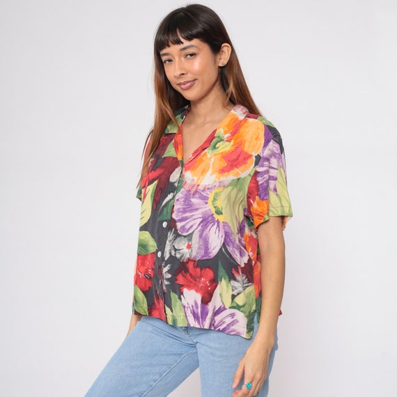 Watercolor Floral Blouse Y2K Silk Shirt Button up… - image 4