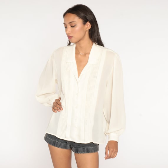 Vintage Chiffon Blouse Cream Puff Sleeve Blouse 80s Top Semi-Sheer Pleated Shirt 1980s Long Sleeve Shirt Button Up Large L