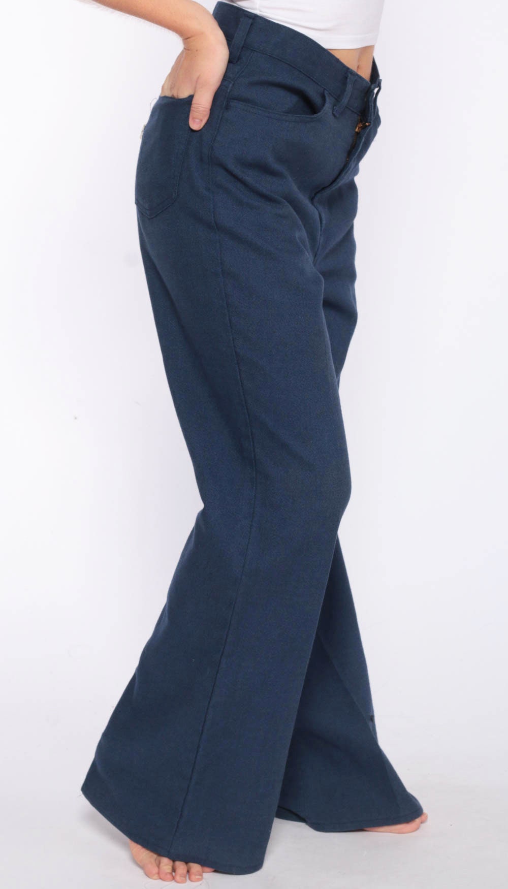 70s Levis Trousers Blue Levi Sta-Prest Pants Bell Bottom Flared Wide Leg High Waist Slacks