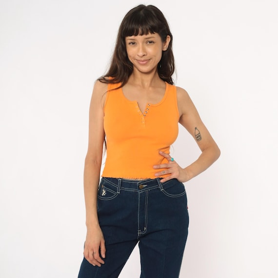 Orange Crop Top Y2K Ribbed Cotton Tank Button Front Henley Sleeveless Fitted Snap Lettuce Edge Stretchy Baby Tee Vintage Coquette Medium M