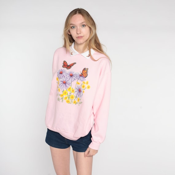 Butterfly Garden Sweatshirt 90s Baby Pink Floral … - image 4