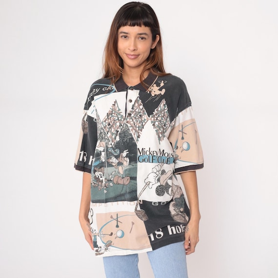 Mickey Mouse Golf Club Polo Shirt 90s Disney Patchwork Cotton Vintage Short Sleeve Button Front Collar 18 Holes Sports Tee Extra Large XL