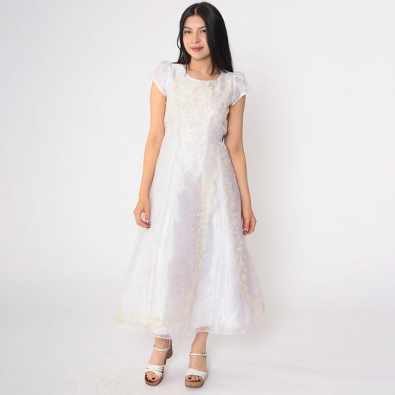Vintage 90s White Organza Party Dress Iridescent Sparkle Midi Floral Appliqué 1990s Puff Sleeve Evening Fairycore Formal Gown Extra Small xs