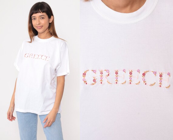 Vintage Greece Shirt 90s Floral Embroidered T Shirt Graphic Print Travel Tee 1990s White Tourist Souvenir Tshirt Large L