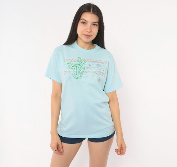 80s Desert Cactus Tee Southwestern Graphic Snake Print Light Blue Crew Neck Short Sleeve Cotton Shirt Sky Powder Pastel Vintage Top Small S