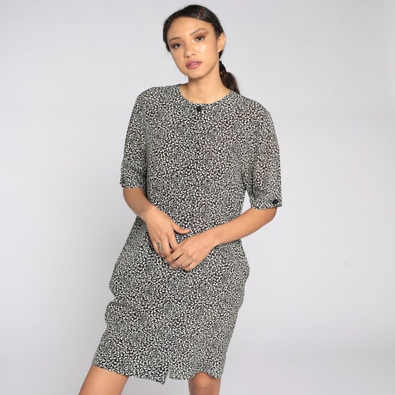 80s Floral Dress Black White Abstract Mini Dress 90s Short Sleeve Vintage Minidress Shift Psychedelic Patterned Dress 1980s Medium 10