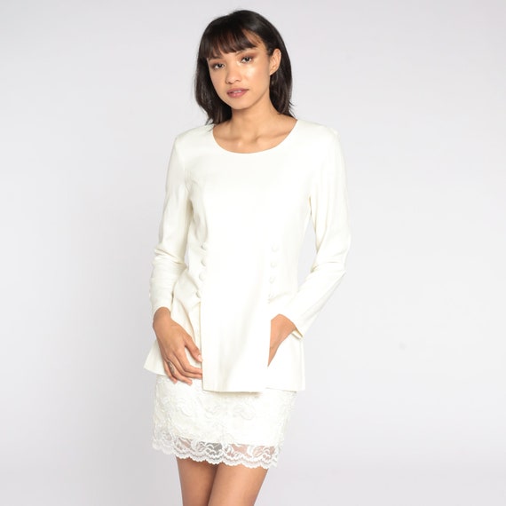 Cream Mini Dress Lace Trim Button Up Dress 80s Double Breasted Dress Secretary Long Sleeve 1980s Vintage Preppy Shift Oversize Small 3/4