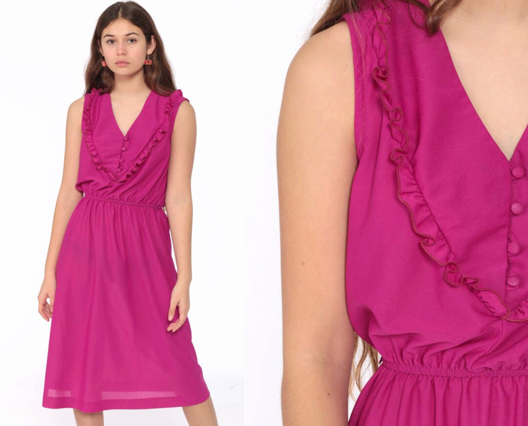 Magenta Dress 70s Boho Midi Ruffle Neckline Disco Party - Etsy