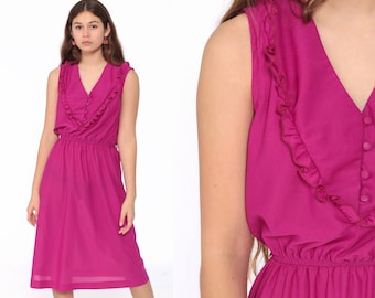 Robe Magenta années 70 Boho Midi Ruffle Décolleté Disco Party Grecian Taille Haute Années 1970 Fuchsia Sans Manches Col V Boho Petit Moyen