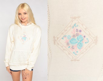 Embroidered Floral Sweater 90s White Pointelle Knit Sweater Retro Collared Jumper Cutout Pullover Flower Acrylic Vintage 1990s Medium M