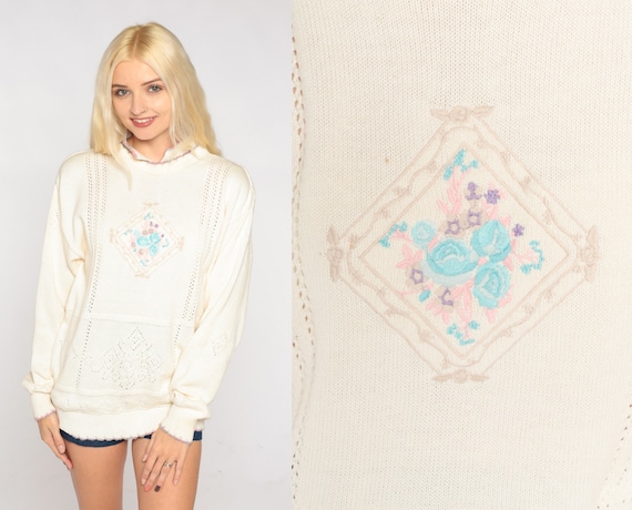 Embroidered Floral Sweater 90s White Pointelle Knit Sweater Retro Collared Jumper Cutout Pullover Flower Acrylic Vintage 1990s Medium M