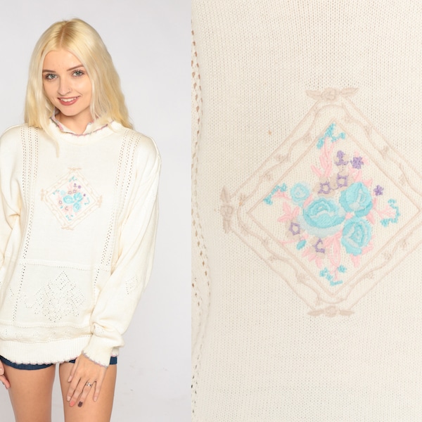 Embroidered Floral Sweater 90s White Pointelle Knit Sweater Retro Collared Jumper Cutout Pullover Flower Acrylic Vintage 1990s Medium M