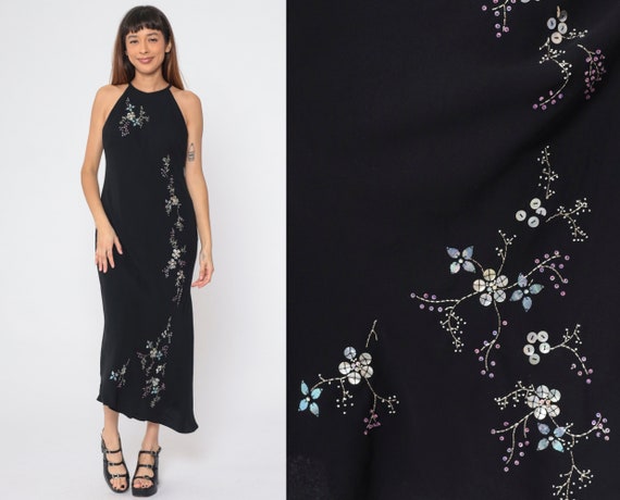 Black Beaded Dress Y2k Floral Asymmetrical Hem Going Out Dress Spaghetti Strap Midi Evening Party Vintage 00s Cocktail Jones New York Large