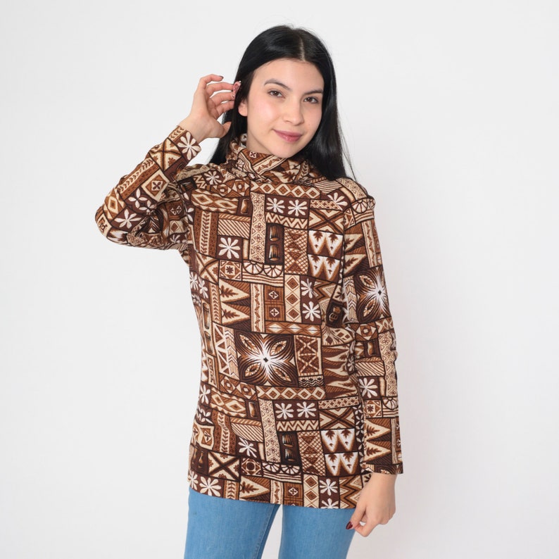 70s Tunic Top Abstract Floral Turtleneck Shirt Boho Hippie Blouse Tiki Geometric Flower Psychedelic Brown White Cotton Vintage 1970s Small image 3