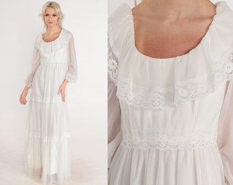 Long White Dress 70s Lace Trim Maxi Dress Ruffled Sheer Balloon Sleeve Tiered Empire Waist Bridal Romantic Elopement Gown Vintage 1970s XS