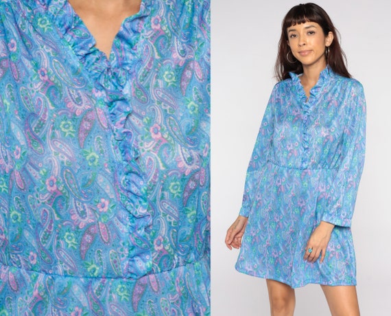 80s Paisley Dress Blue Psychedelic Print Ruffle M… - image 1