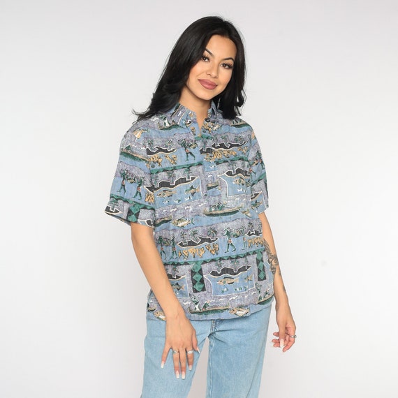 Tropical Shirt Y2k Fishing Island Print Button Up Retro Surfer Polo Beach Top Short Sleeve Purple Blue Vintage 00s Palm Tree Extra Small xs