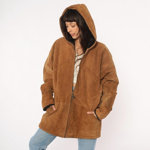 Hooded Leather Coat 90s Brown Tan Jacket Faux Shearling Style Suede Vintage Winter Grunge Outerwear Camel Warm Cozy Fall Winter Large L