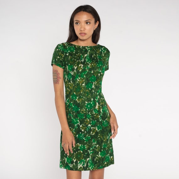 60s Floral Dress Mini Boho Green Flower Print Mod… - image 3