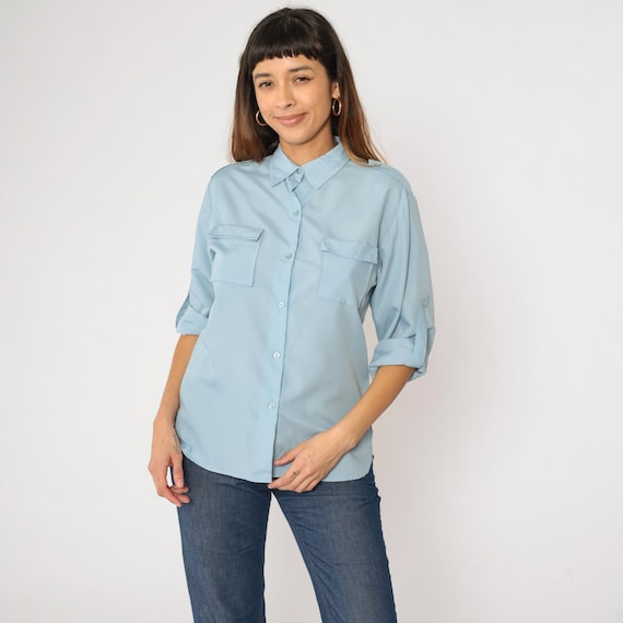 80s Blue Blouse Long Roll Tab Sleeve Top Vintage Plain Button Up Shirt Collared 1980s Chest Pocket Basic Solid Medium
