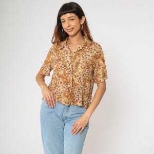 Leopard Floral Blouse 90s Button Up Shirt Tan Brown Animal Print Glam Top Brown Short Sleeve Vintage 1990s Kathie Lee Medium